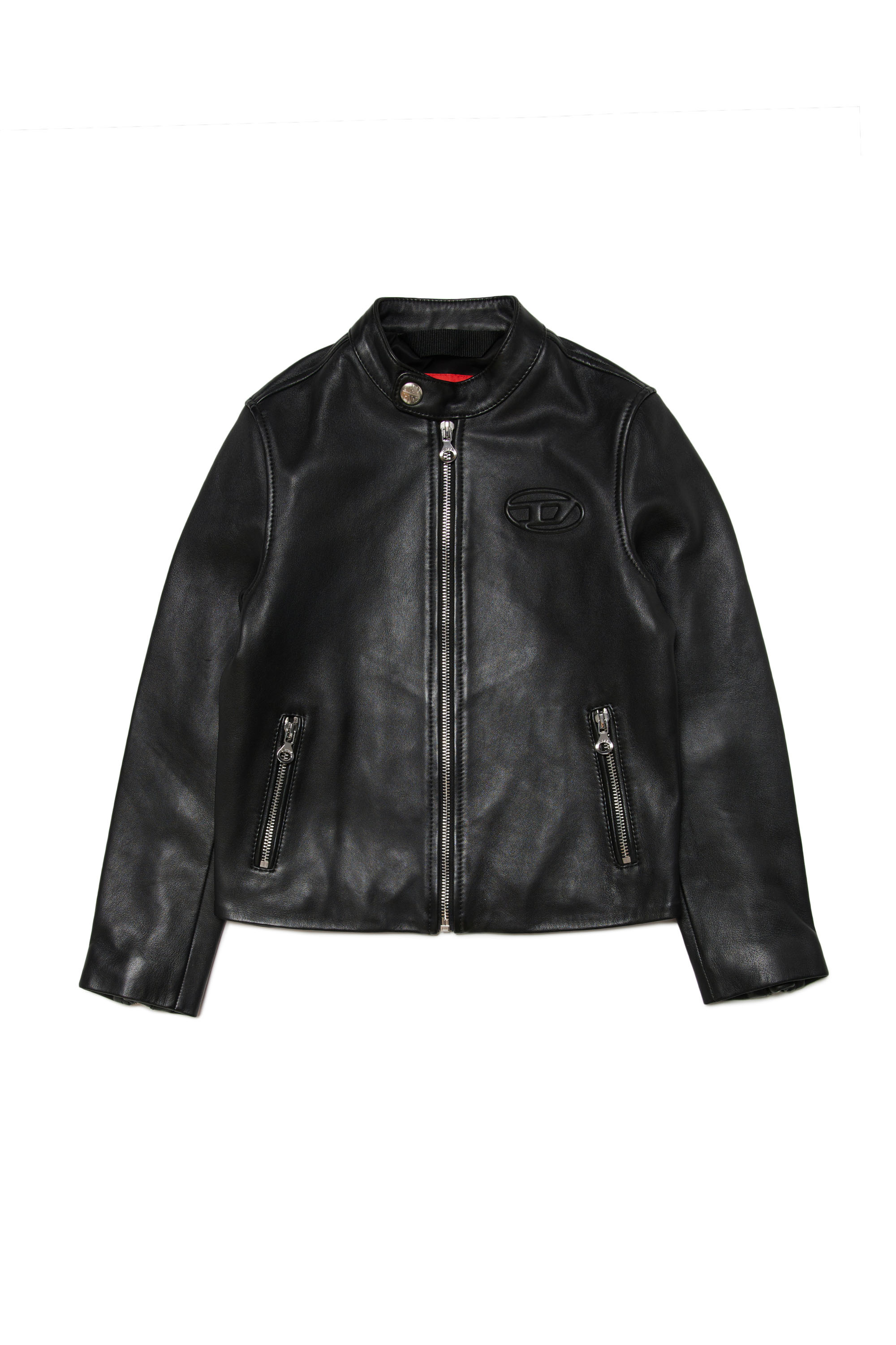 Diesel - JBLAC, Man's Leather biker jacket with embossed logo in Black - 1